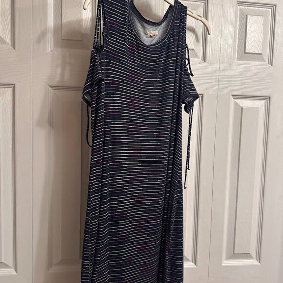 Maurices Blue Striped 24/7 Dress Elbow Sleeve Lace Up Arm & Shoulder Women's Med - Picture 2 of 11